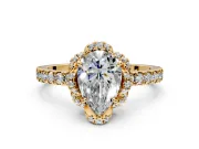Halo Engagement Ring Setting for Pear-Shaped Center with Openwork Halo, Pave Band and Prong Head in Yellow Gold