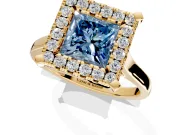 Single Halo Engagement Ring Setting for Fancy Blue Princess Cut Center with Corner Claws, Plain Band and Prong Head in Yellow Gold