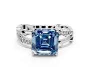 Solitaire Engagement Ring Setting for Fancy Blue Asscher Cut Center with Pave and Plain Crossover Band and Prong Head in Sterling Silver