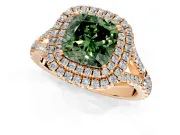 Double Halo Engagement Ring Setting for Fancy Green Cushion Cut Center with Narrow Pave Split Shank and Prong Head in Rose Gold