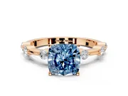 Solitaire Engagement Ring Setting for Fancy Blue Cushion Cut Center with Bezel Station Band and Prong Head in Rose Gold