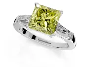 3 Stone Engagement Ring Setting for Fancy Yellow Princess Cut Center with Tapered Baguettes, Plain Band and Prong Head in White Gold