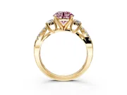 3 Stone Engagement Ring Setting for Fancy Pink Round Cut Center with Pave Split Shank and Prong Head in Yellow Gold