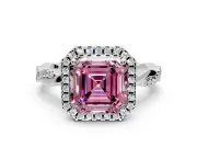 Halo Engagement Ring Setting for Fancy Pink Asscher Cut Center with Pave and Plain Twist Band and Prong Head in Platinum