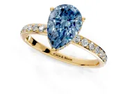 Hidden Halo Engagement Ring Setting for Fancy Blue Pear-Shaped Center with Pave Band and Prong Head in Yellow Gold