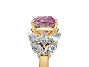 Leaf Cluster Engagement Ring Setting for Fancy Pink Cushion Cut Center with Marquise Accents and Prong Head in Yellow Gold