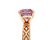 Solitaire Engagement Ring Setting for Fancy Pink Cushion Cut Center with Milgrain X Pattern Band and Prong Head in Rose Gold