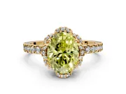 Halo Engagement Ring Setting for Fancy Yellow Oval Center with Openwork Halo, Pave Band and Prong Head in Yellow Gold
