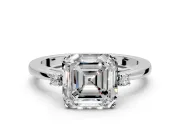 3 Stone Engagement Ring Setting for Asscher Cut Center with Low-Set Round Cut Accents and Prong Head in Platinum