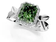 Halo Engagement Ring Setting for Fancy Green Radiant Cut Center with Floral Band and Prong Head in Sterling Silver