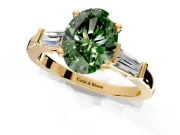 3 Stone Engagement Ring Setting for Fancy Green Oval Center with Channel Baguette Accents and Prong Head in Yellow Gold