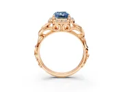 Halo Engagement Ring Setting for Fancy Blue Radiant Cut Center with Open Scroll Shoulders and Prong Head in Rose Gold