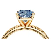 Solitaire Engagement Ring Setting for Fancy Blue Cushion Cut Center with XO Engraved Band and Prong Head in Yellow Gold