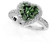 Halo Engagement Ring Setting for Fancy Green Heart-Shaped Center with Heart-Shaped Openwork, Pave Band and Prong Head in White Gold