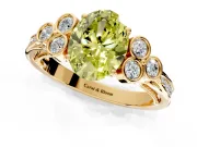 Cluster Engagement Ring Setting for Fancy Yellow Oval Center with Bezel Accent Clusters and Prong Head in Yellow Gold
