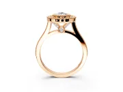 Halo Engagement Ring Setting for Pear-Shaped Center with Milgrain Frame, Pave Band and Prong Head in Rose Gold