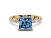 Solitaire Engagement Ring Setting for Fancy Blue Princess Cut Center with Shared-Prong Accents and Prong Head in Yellow Gold
