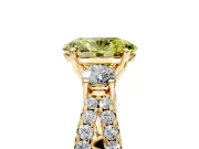 3 Stone Engagement Ring Setting for Fancy Yellow Oval Center with Pave Split Shank and Prong Head in Yellow Gold