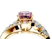 Halo Engagement Ring Setting for Fancy Pink Emerald Cut Center with Marquise and Pave Bypass Band and Prong Head in Yellow Gold