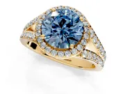 Halo Engagement Ring Setting for Fancy Blue Round Cut Center with Narrow Pave Split Shank and Prong Head in Yellow Gold