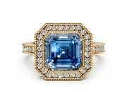 Halo Engagement Ring Setting for Fancy Blue Asscher Cut Center with Milgrain Halo, Pave Band and Prong Head in Yellow Gold