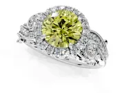 Milgrain Halo Engagement Ring Setting for Fancy Yellow Round Cut Center with Shoulder Bezels and Prong Head in White Gold