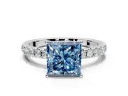 Solitaire Engagement Ring Setting for Fancy Blue Princess Cut Center with Large Accent Band and Prong Head in Sterling Silver
