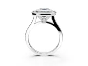 Halo Engagement Ring Setting for Asscher Cut Center with Milgrain Frame, Pave Band and Prong Head in Platinum