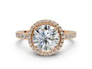 Halo Engagement Ring Setting for Round Cut Center with Inner Milgrain Border and Prong Head in Rose Gold