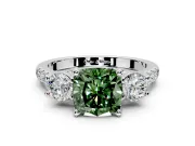 3 Stone Engagement Ring Setting for Fancy Green Cushion Cut Center with Crossover Basket, Pave Band and Prong Head in White Gold