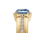 Halo Engagement Ring Setting for Fancy Blue Asscher Cut Center with Wide Band, Inlaid Accent Row and Prong Head in Yellow Gold