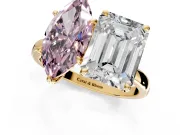 Fancy Pink Marquise and Emerald Cut Lab-Grown Diamond Toi et Moi Engagement Ring with Prong-Set Stones in Yellow Gold