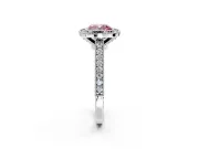 Halo Engagement Ring Setting for Fancy Pink Cushion Cut Center with Milgrain Pave Band and Bezel Head in White Gold