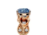 Leaf Engagement Ring Setting for Fancy Blue Cushion Cut Center with Milgrain Accent Band and Prong Head in Rose Gold