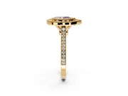 Halo Engagement Ring Setting for Fancy Pink Pear-Shaped Center with Milgrain Frame, Pave Band and Prong Head in Yellow Gold