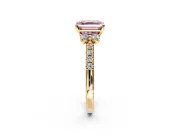 Paired Accent Engagement Ring Setting for Fancy Pink Asscher Cut Center with Pave Band and Prong Head in Yellow Gold