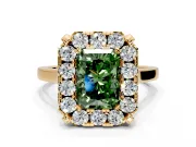 Single Halo Engagement Ring Setting for Fancy Green Radiant Cut Center with Corner Claws, Plain Band and Prong Head in Yellow Gold