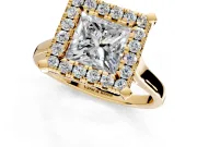 Single Halo Engagement Ring Setting for Princess Cut Center with Corner Claws, Plain Band and Prong Head in Yellow Gold