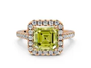 Halo Engagement Ring Setting for Fancy Yellow Asscher Cut Center with Raised Halo, Pave Band and Prong Head in Rose Gold