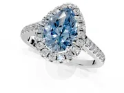 Halo Engagement Ring Setting for Fancy Blue Pear-Shaped Center with Raised Halo, Pave Band and Prong Head in Sterling Silver