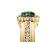 Halo Engagement Ring Setting for Fancy Green Cushion Cut Center with Wide Band, Inlaid Accent Row and Prong Head in Yellow Gold