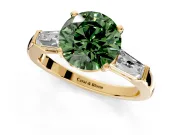 3 Stone Engagement Ring Setting for Fancy Green Round Cut Center with Tapered Baguettes, Plain Band and Prong Head in Yellow Gold