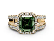 Halo Engagement Ring Setting for Fancy Green Asscher Cut Center with Wide-Open Pave Split Shank and Prong Head in Yellow Gold