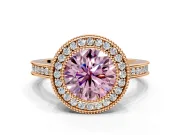 Halo Engagement Ring Setting for Fancy Pink Round Cut Center with Milgrain Halo, Pave Band and Prong Head in Rose Gold