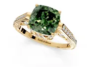 Cathedral Engagement Ring Setting for Fancy Green Cushion Cut Center with Antique-Style Pave Band and Prong Head in Yellow Gold