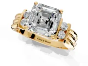 Solitaire Engagement Ring Setting for Asscher Cut Center with Grooved Bar Accent Band and Prong Head in Yellow Gold
