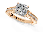 Solitaire Engagement Ring Setting for Cushion Cut Center with Engraved Pave Band and Prong Head in Rose Gold