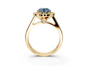 Halo Engagement Ring Setting for Fancy Blue Round Cut Center with Outer Bezel Rim, Pave Band and Prong Head in Yellow Gold