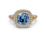 Double Halo Engagement Ring Setting for Fancy Blue Cushion Cut Center with Narrow Pave Split Shank and Prong Head in Yellow Gold