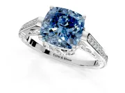 Cathedral Engagement Ring Setting for Fancy Blue Cushion Cut Center with Antique-Style Pave Band and Prong Head in Platinum